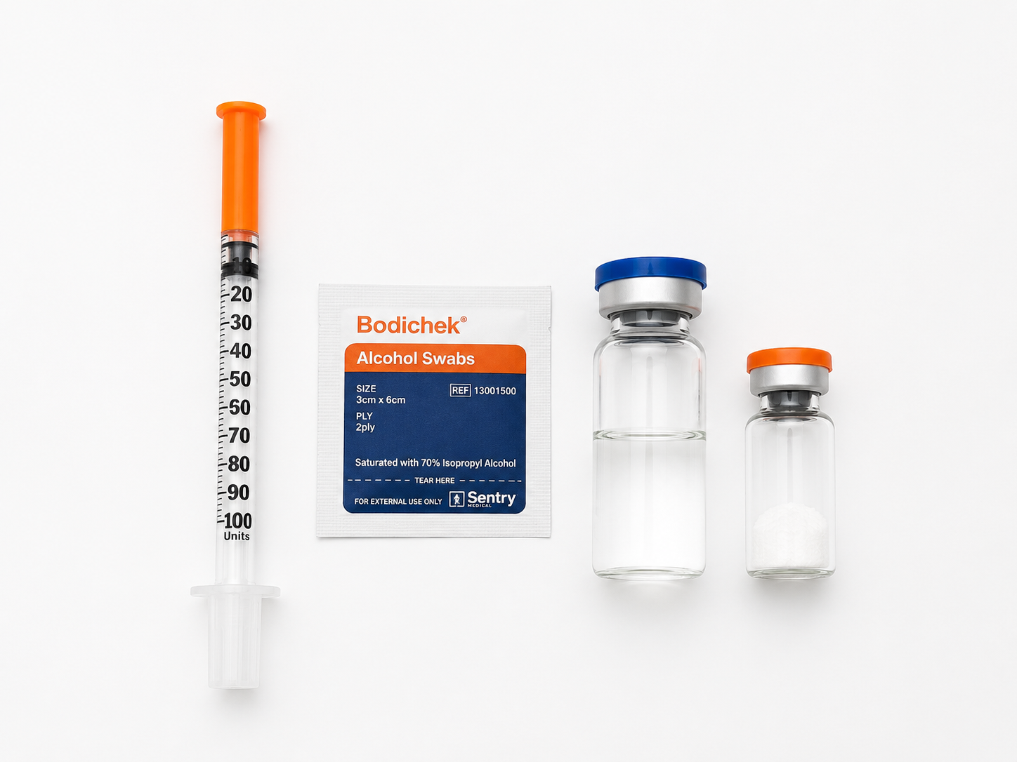 Step 1 supplies: syringe, alcohol swab, lyophilised compound vial, and bacteriostatic water vial